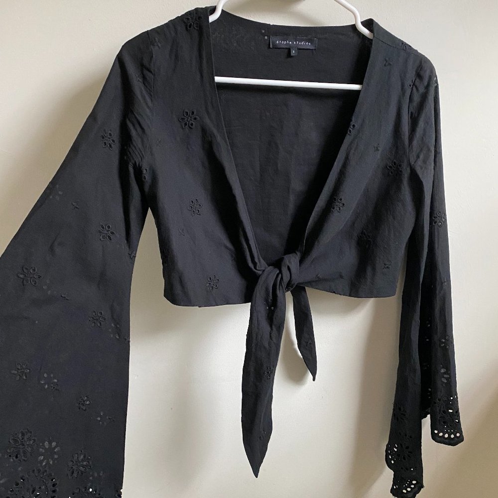 Etophe Studios Tie Front V Neck Crop Top With Flared Sleeves